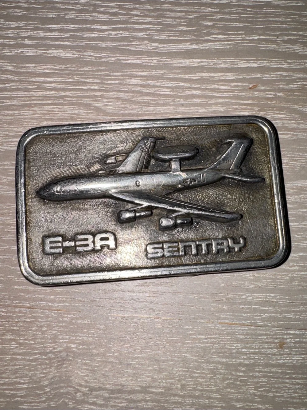 vintage pewter-tone metal belt buckle. Boeing E-3A Sentry